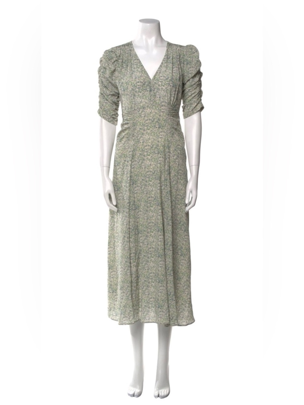 Masscob Midi Dress Bikin Sage Floral Print Silk Size Small Ruched Sleeve V-Neck